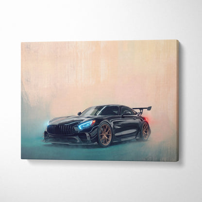 Black mercedes-amg gt r sports car canvas print with glowing blue headlights and bronze wheels wall art print