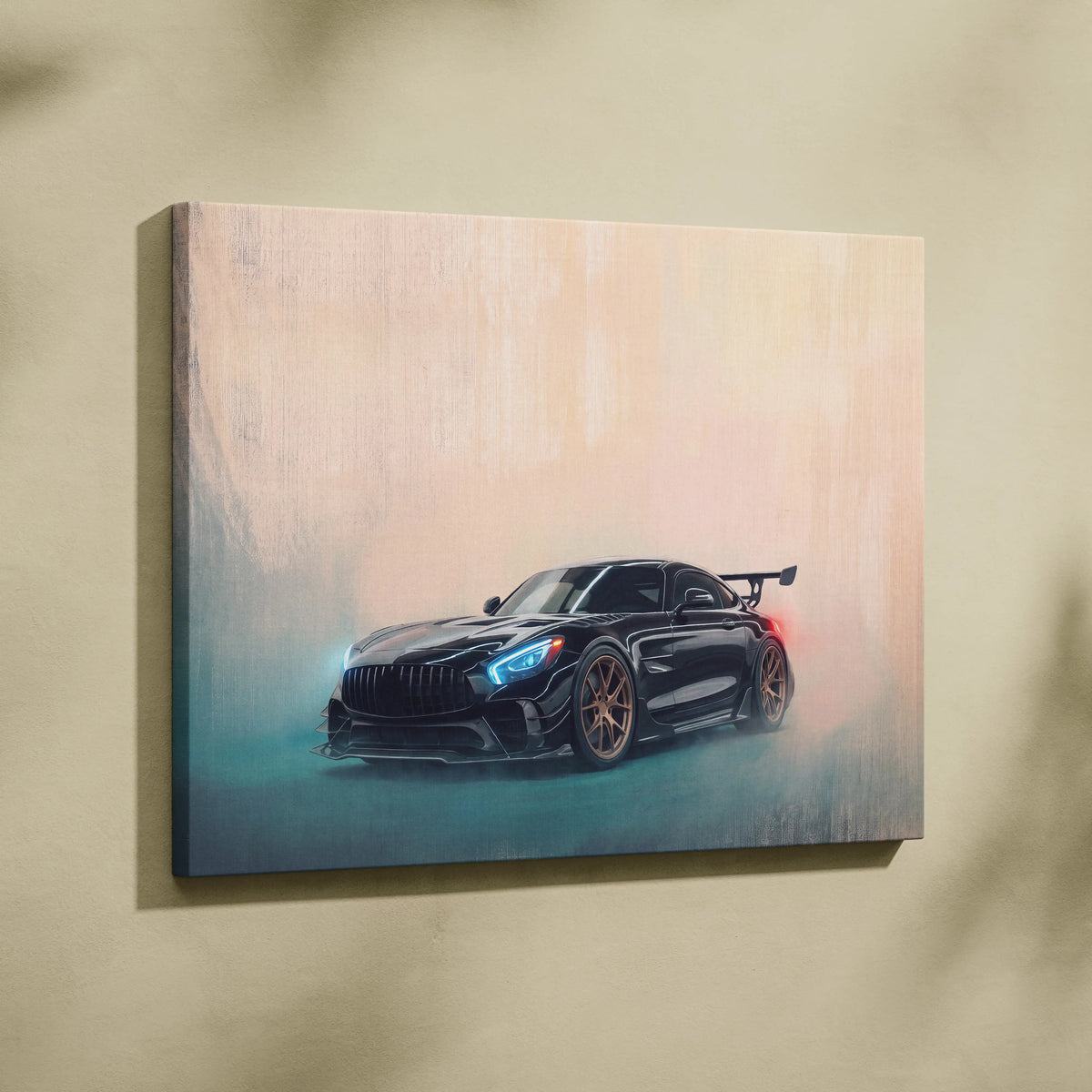 Black Mercedes-AMG GT R sports car canvas print with glowing blue headlights and gold rims for custom wall art
