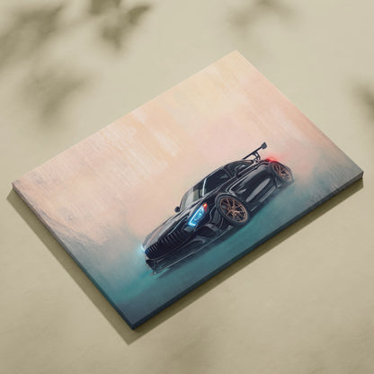 Mercedes-amg gt black series inspired canvas art featuring a black sports car with blue headlights and bronze wheels