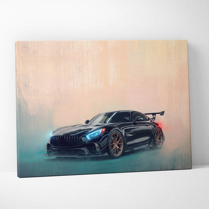 Mercedes-amg gt black series inspired black sports car canvas print with glowing blue headlights and bronze wheels