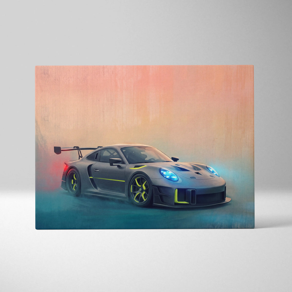 Porsche 935 inspired supercar canvas art featuring a matte gray porsche 911 gt3 rs with neon yellow accents and blue headlights