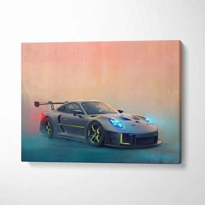 Porsche 935 inspired supercar canvas art print featuring gray and neon yellow racing car with glowing blue headlights
