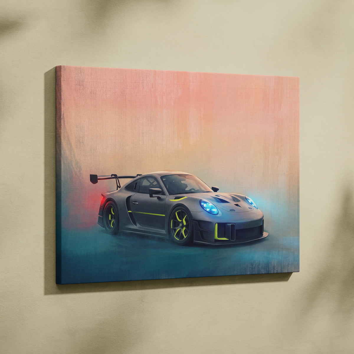 Porsche 935 inspired supercar canvas art featuring a matte black 911 gt3 rs with neon yellow accents and blue headlights
