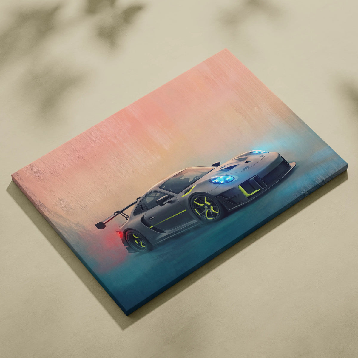 Porsche 935 inspired supercar canvas art featuring a sleek black and neon green racing car on a pink and blue gradient sky