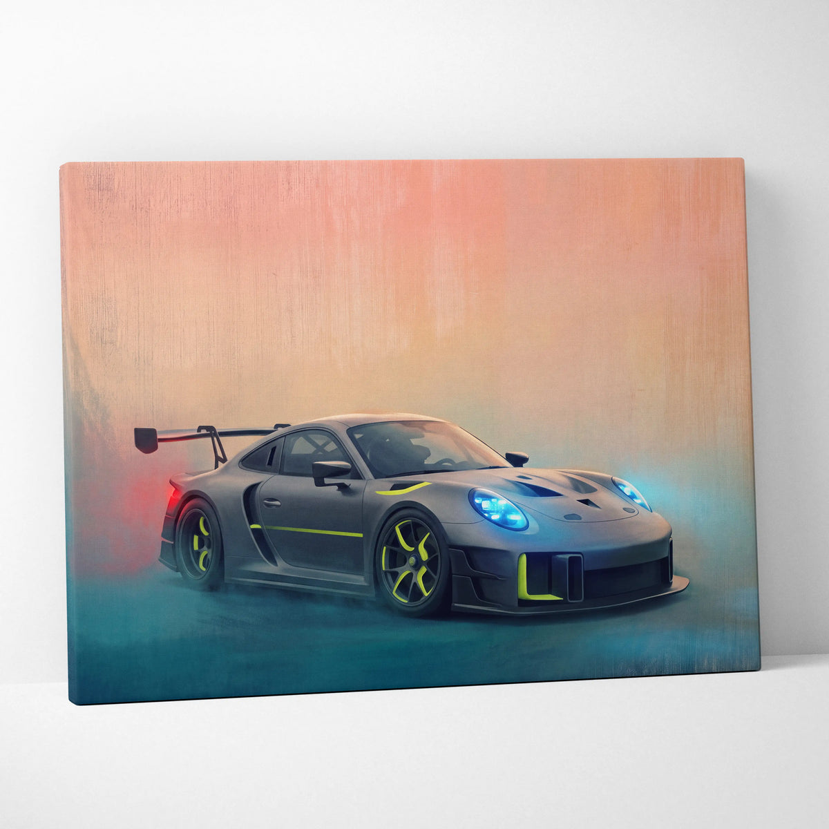 Gray and neon yellow porsche 911 gt2 race car canvas print with glowing blue headlights for custom car wall art