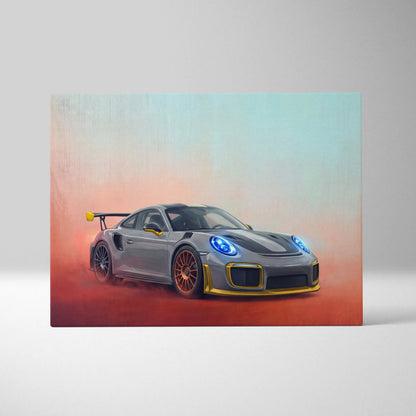 Gray and gold porsche 911 gt2 rs sports car canvas print with glowing blue headlights for wall art decor