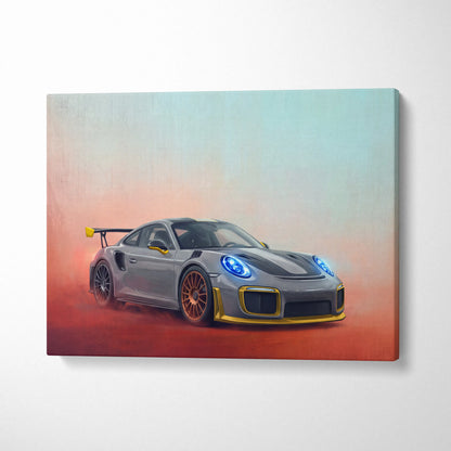Gray and gold porsche 911 gt2 rs inspired canvas print with glowing blue headlights track edition wall art