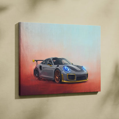 Gray and gold porsche 911 gt2 rs inspired canvas wall art with glowing blue headlights on a red-orange background