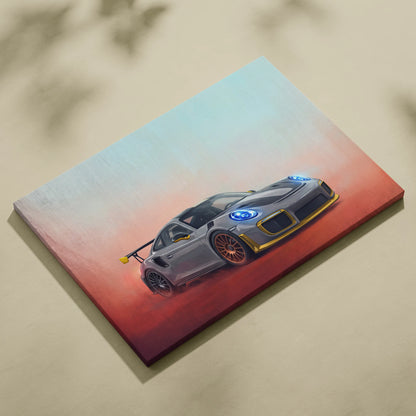Porsche 911 gt2 rs inspired car wall art canvas painting print featuring a sleek silver 911 gt3 with gold accents and blue headlights