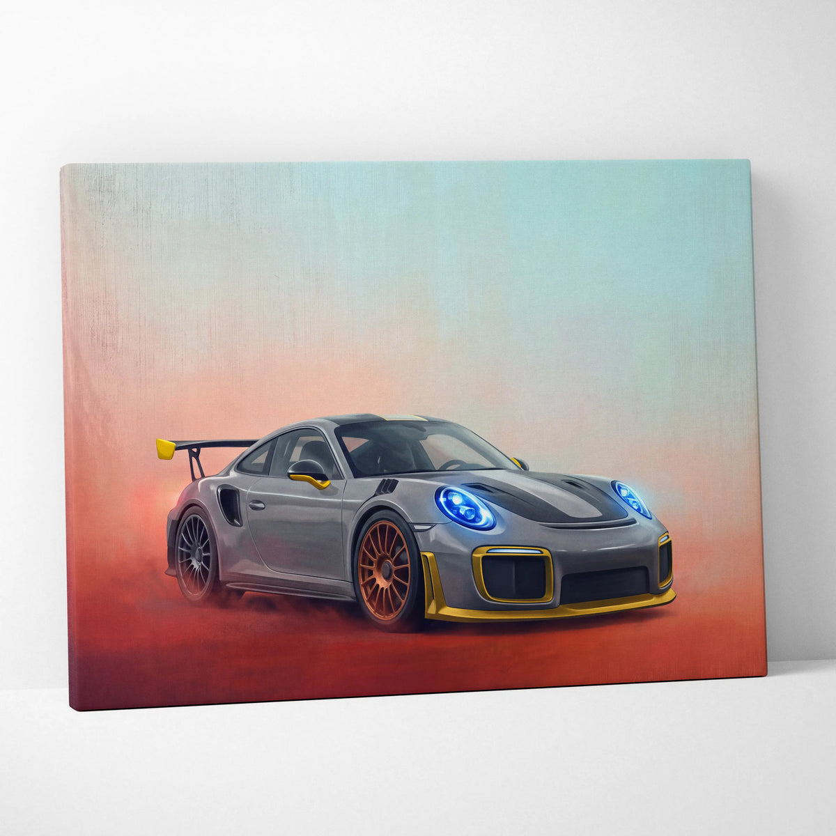 Gray and gold porsche 911 gt2 rs inspired canvas print with glowing blue headlights track edition wall art