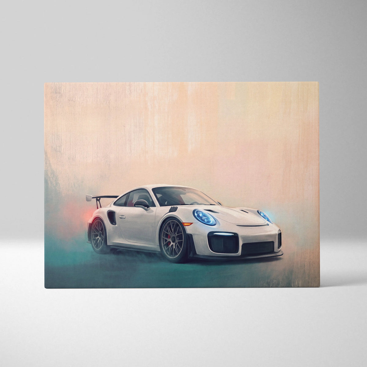 White porsche 911 gt2 rs sports car with blue headlights and black racing stripes in dynamic motion luxury canvas print