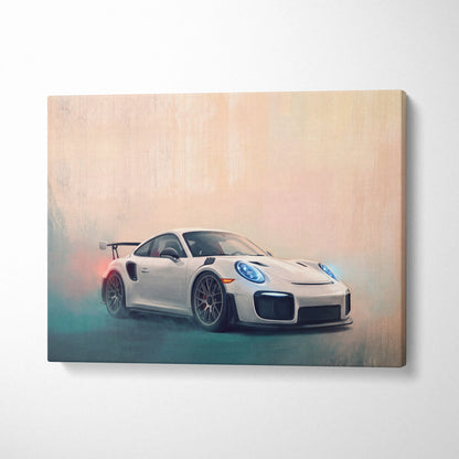 White porsche 911 gt2 rs inspired canvas print with glowing blue headlights and rear spoiler luxury supercar wall art