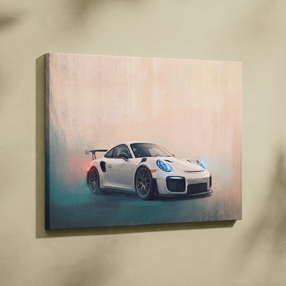 White porsche 911 gt2 rs inspired canvas print with glowing blue headlights and dynamic misty background wall art