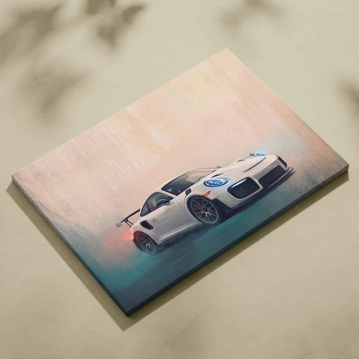 White Porsche 911 GT2 RS inspired canvas print featuring glowing blue headlights and red exhaust flames wall art