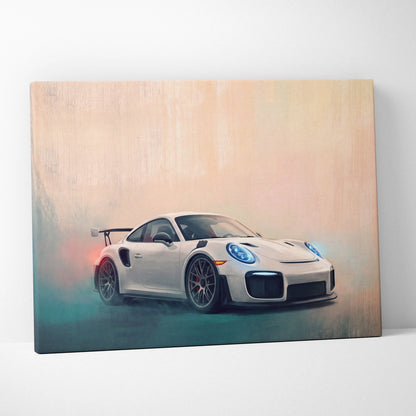 White Porsche 911 GT2 RS inspired canvas print with glowing blue headlights and misty dynamic background wall art