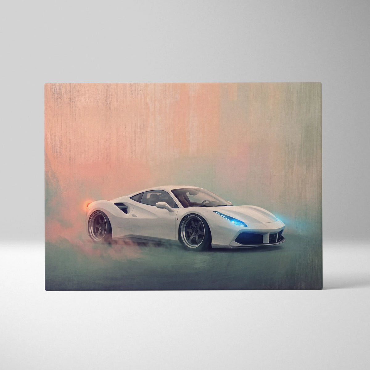 White ferrari 488 gtb inspired canvas art featuring a drifting sports car with blue headlights on misty pink teal background
