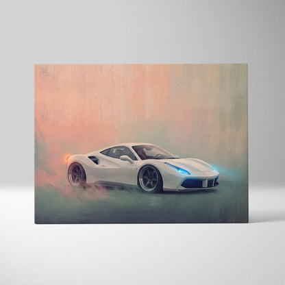 White ferrari 488 gtb inspired canvas art featuring a drifting sports car with blue headlights on misty pink teal background