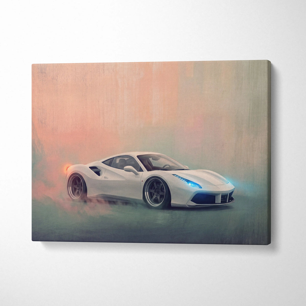 White Ferrari 488 GTB inspired canvas art with glowing blue headlights and orange exhaust smoke on premium wall decor