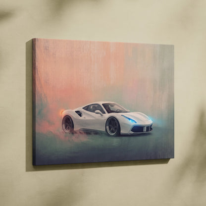 White Ferrari 488 GTB inspired canvas art with glowing blue headlights and orange smoke effects for wall decor