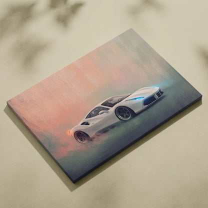 Ferrari 488 gtb inspired canvas art featuring a white sports car with glowing blue headlights and orange exhaust flames