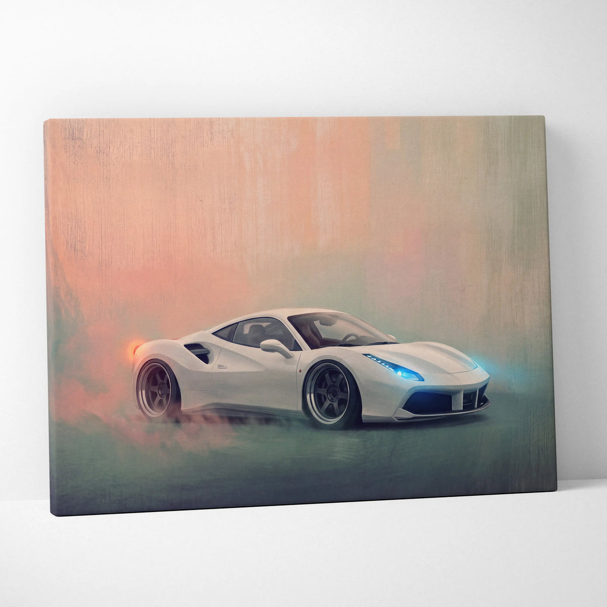White ferrari 488 gtb inspired canvas art with glowing blue headlights and orange smoke for premium wall decor