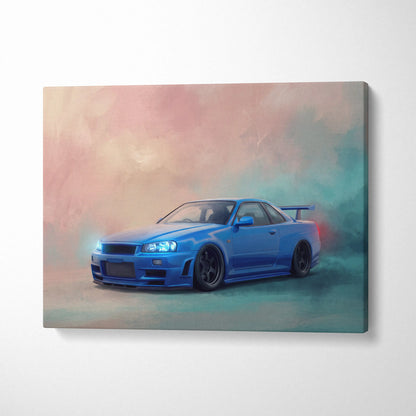 Vibrant blue nissan skyline r34 gt-r sports car canvas print with glowing headlights and rear spoiler wall decor