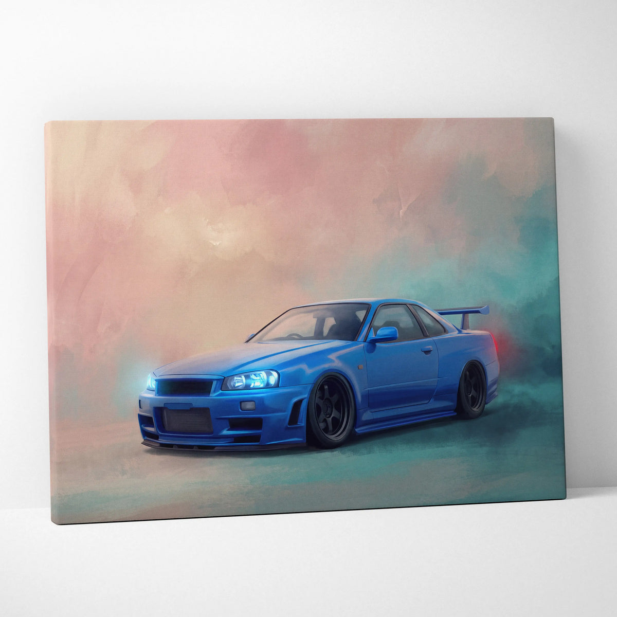 Nissan R34 Skyline GT-R inspired canvas print featuring a vibrant blue sports car in stylized painterly design