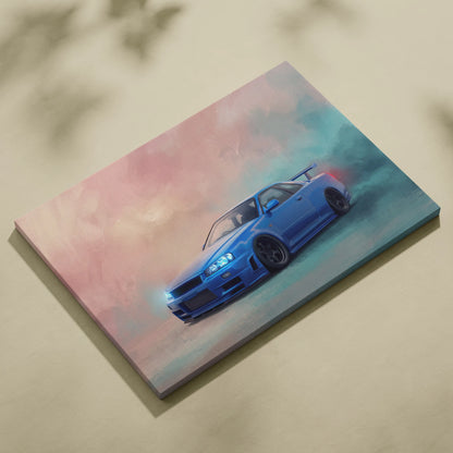 Nissan r34 skyline gt-r inspired jdm canvas print in iconic blue featuring a drift scene for wall decor