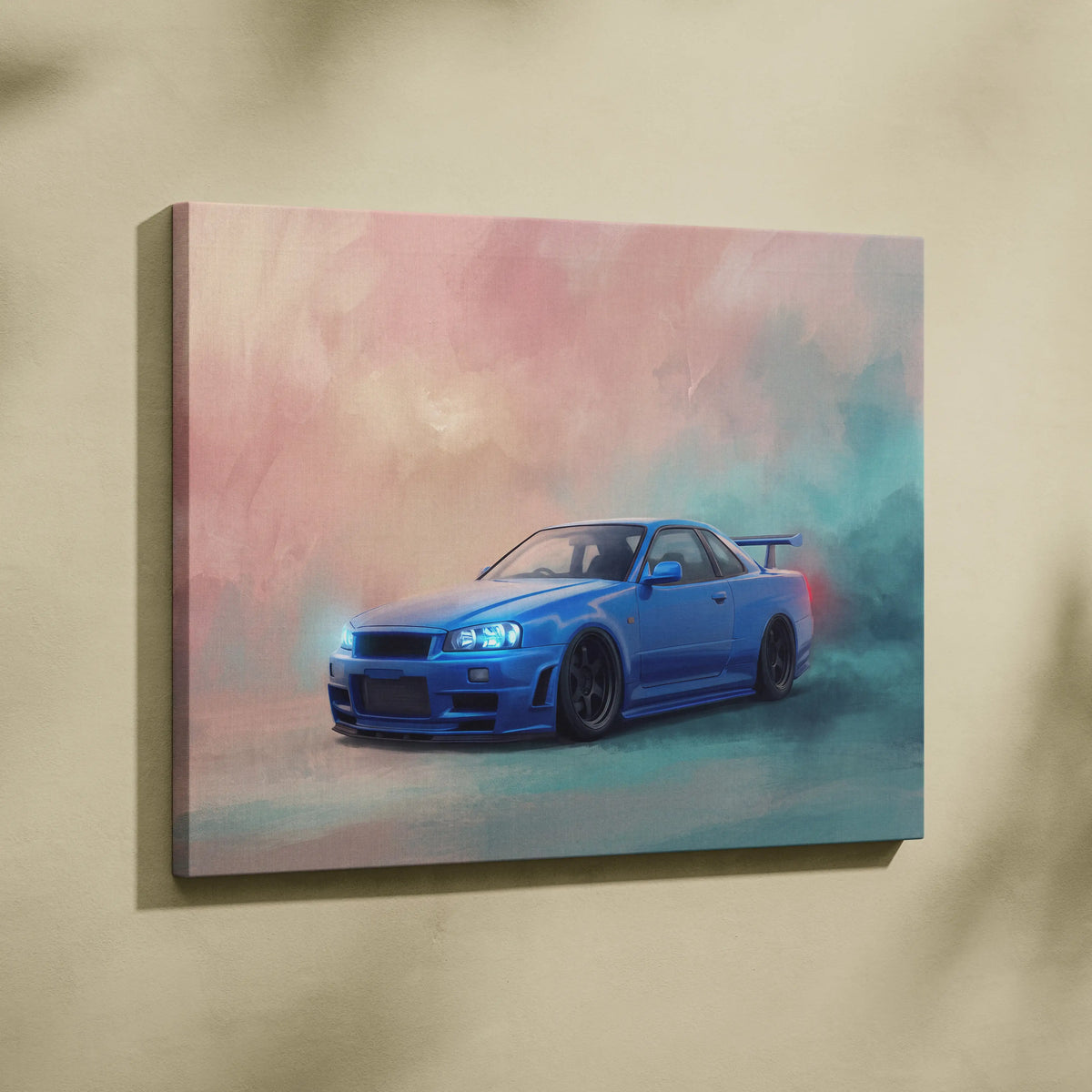 Blue Nissan R34 Skyline GT-R canvas print featuring a glowing stylized sports car against a pink and teal sky background