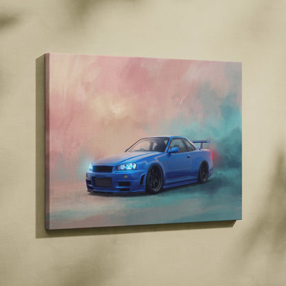 Blue Nissan R34 Skyline GT-R canvas print featuring a glowing stylized sports car against a pink and teal sky background