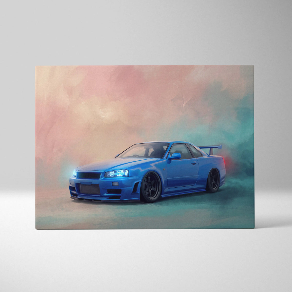 Vibrant blue nissan skyline r34 sports car stylized illustration canvas print featuring glowing headlights and smoke effects
