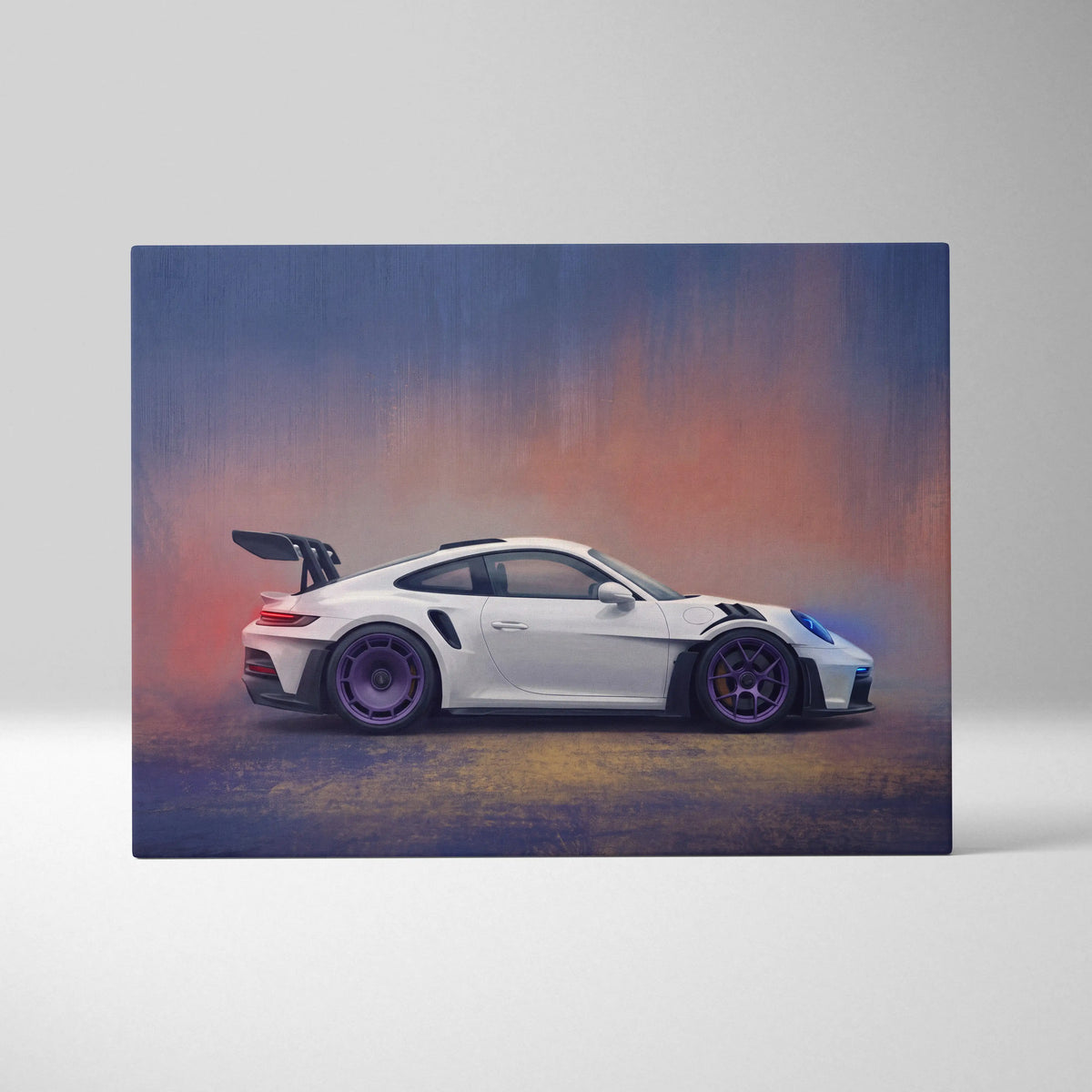 White porsche 911 gt3 rs sports car with purple wheels and black stripes on canvas wall art with gradient sky background