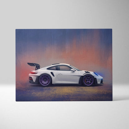 White porsche 911 gt3 rs sports car with purple wheels and black stripes on canvas wall art with gradient sky background