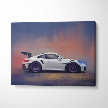 White porsche 911 gt3 rs canvas painting print with purple wheels and gradient sky backdrop for car wall art