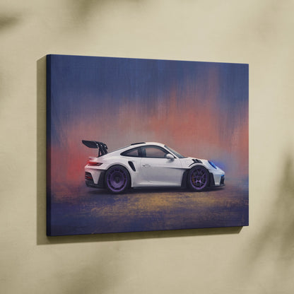White Porsche 911 GT3 RS sports car canvas print with purple wheels and dramatic gradient sky background wall art