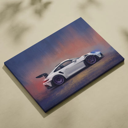 White porsche 911 gt3 rs sports car canvas painting print with dynamic purple and orange sunset backdrop