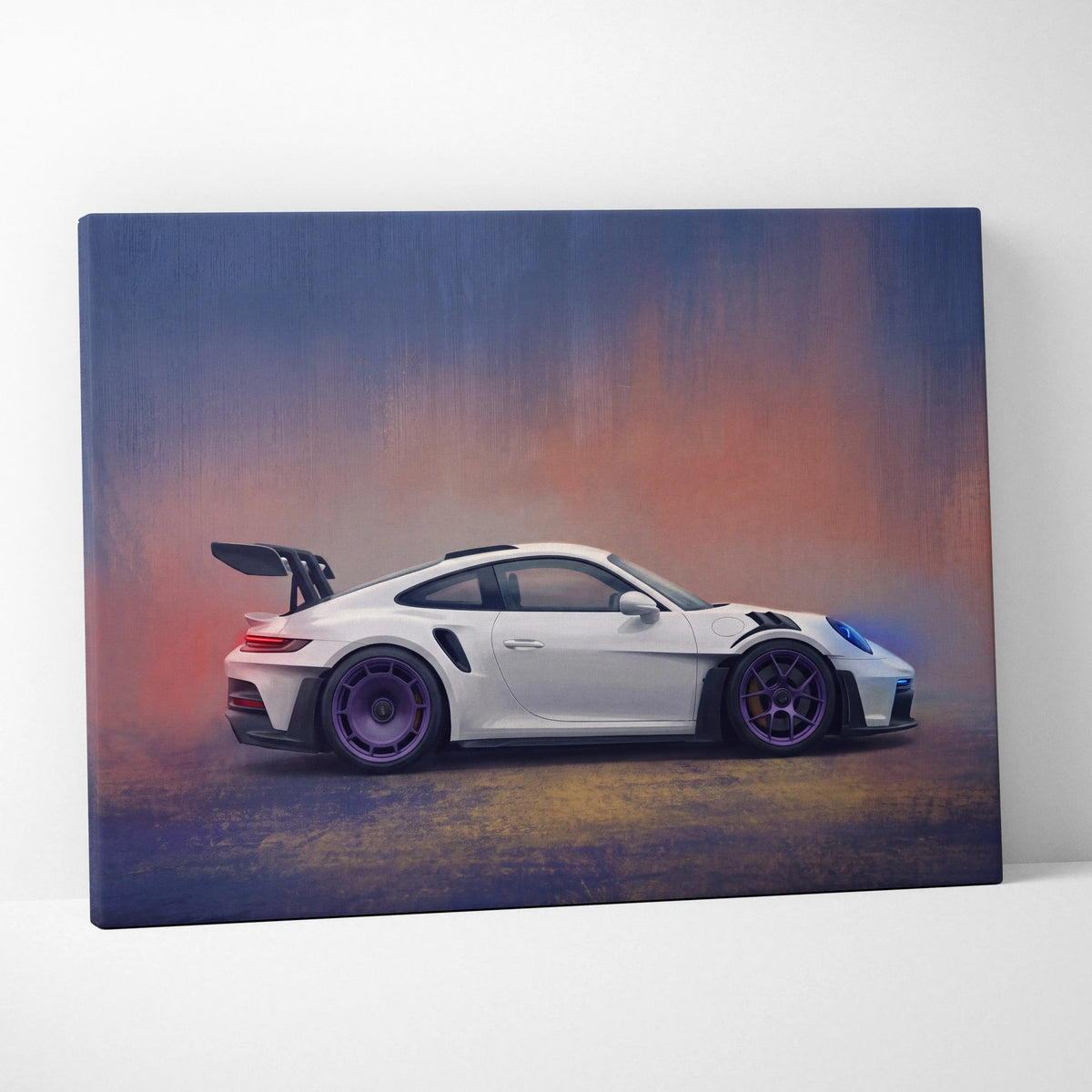 White Porsche 911 GT3 RS canvas wall art with purple wheels and dramatic gradient sky backdrop track edition print