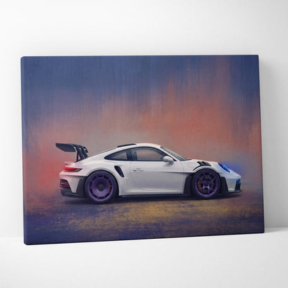 White Porsche 911 GT3 RS canvas wall art with purple wheels and dramatic gradient sky backdrop track edition print