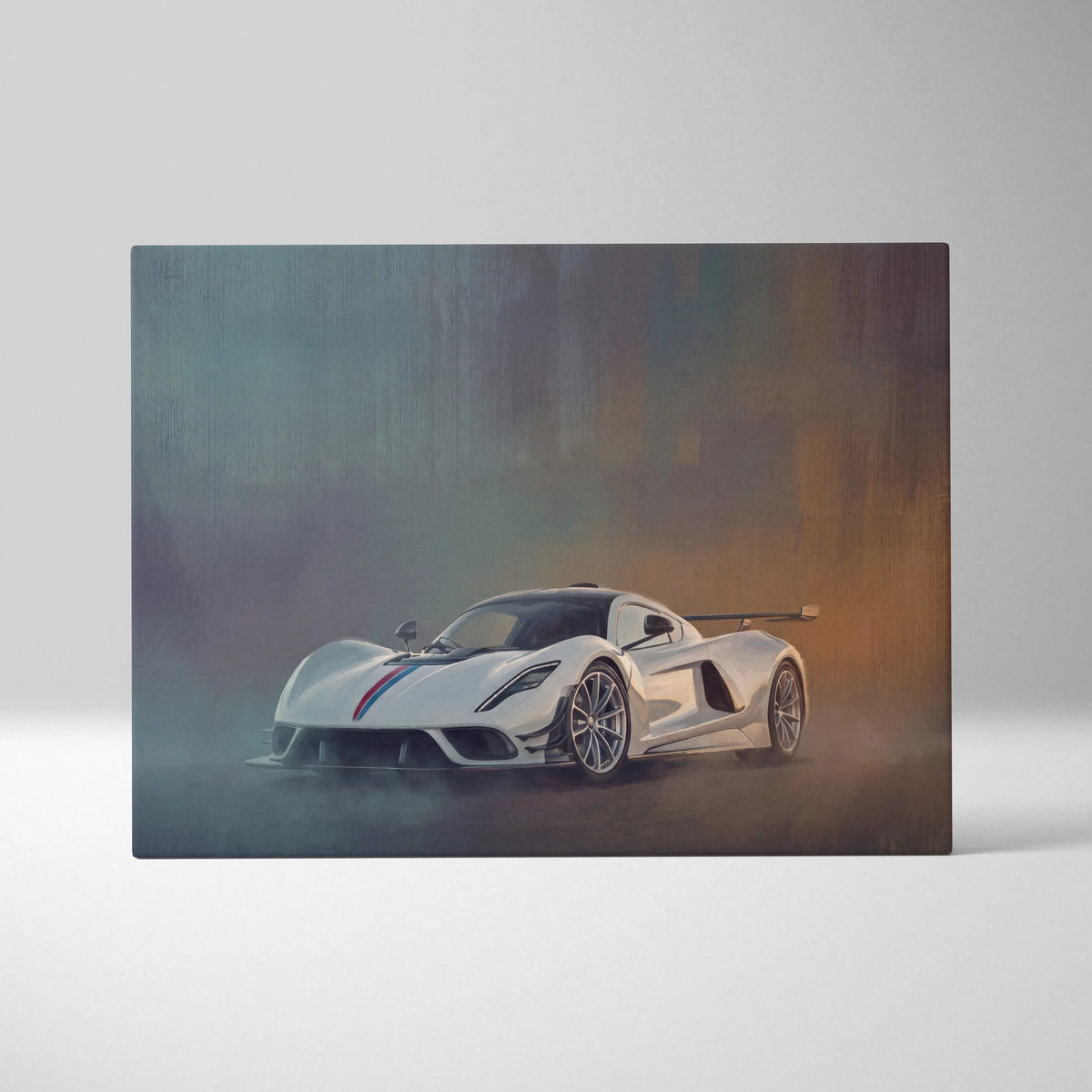 White hennessey venom f5 hypercar wall art featuring dynamic smoky rendering with red and blue racing stripes on canvas