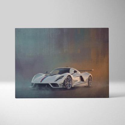 White hennessey venom f5 hypercar wall art featuring dynamic smoky rendering with red and blue racing stripes on canvas