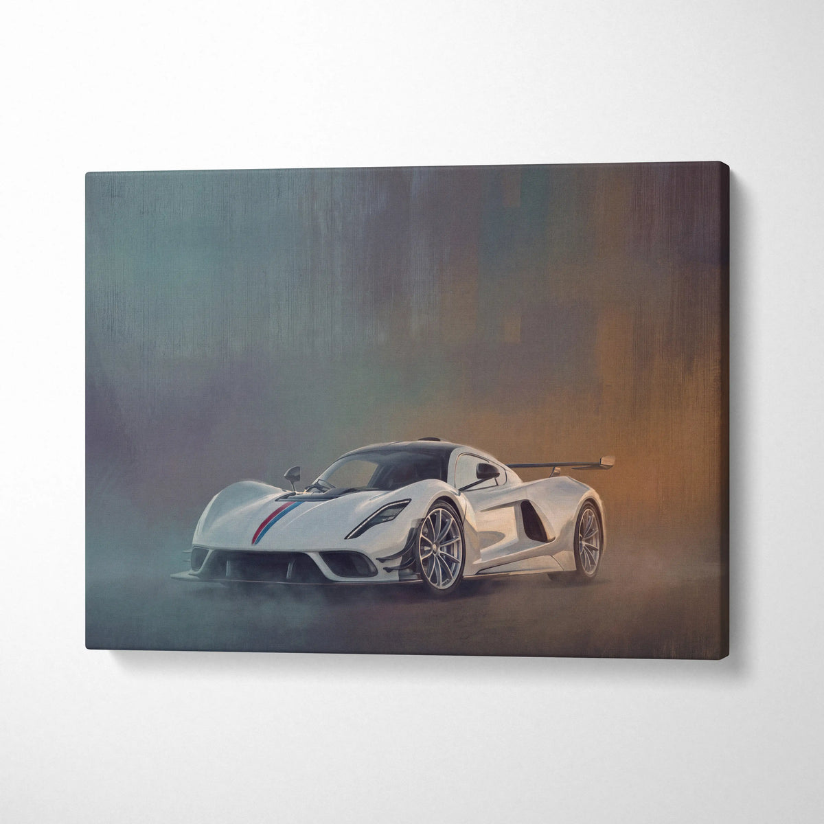 Hennessey Venom F5 inspired automotive wall art canvas print featuring white hypercar with red and blue racing stripes