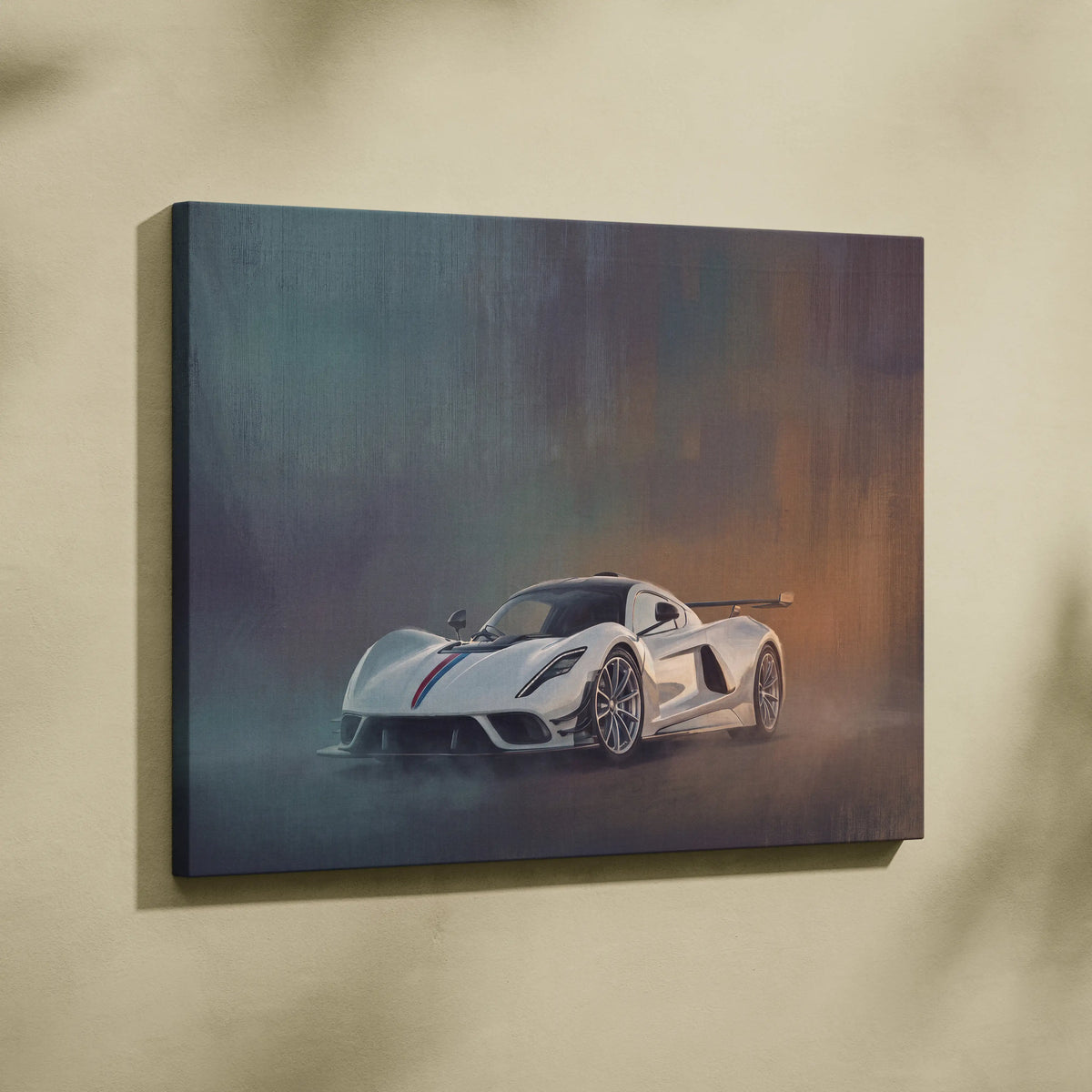 White hennessey venom f5 sports car canvas print with red and blue racing stripes automotive wall art