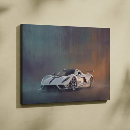 White hennessey venom f5 sports car canvas print with red and blue racing stripes automotive wall art