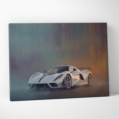 White hennessey venom f5 sports car canvas print with red and blue racing stripes luxury supercar wall art