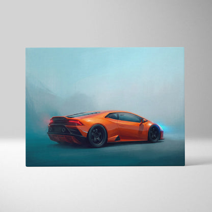 Vibrant orange lamborghini huracán inspired supercar canvas art featuring a dynamic misty studio background