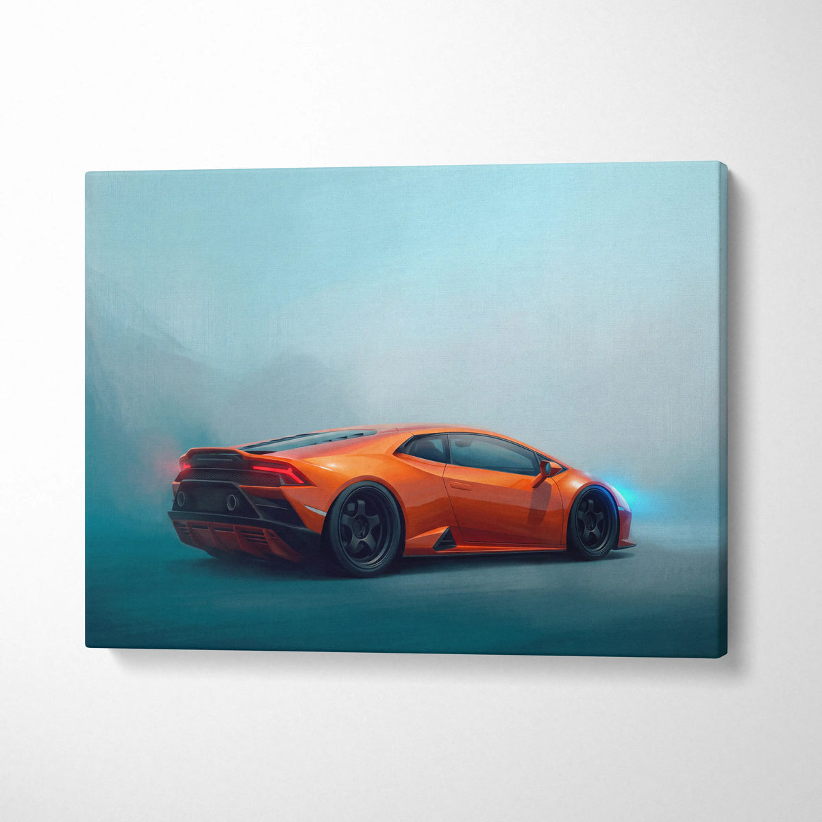 Vibrant orange Lamborghini Huracán inspired supercar canvas art print with misty atmospheric design for wall decor