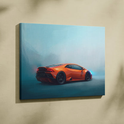 Vibrant orange lamborghini huracán sports car on misty atmospheric canvas print custom car wall art print