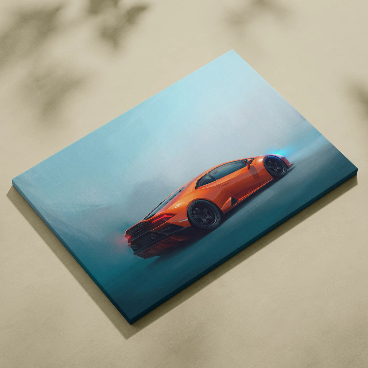 Vibrant orange lamborghini huracán inspired supercar canvas art with sleek design and glowing red taillights on stretched canvas