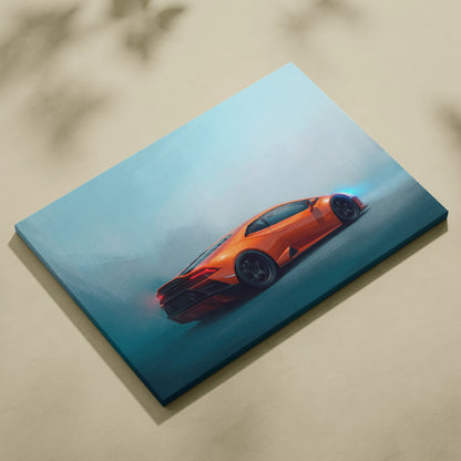 Vibrant orange lamborghini huracán inspired supercar canvas art with sleek design and glowing red taillights on stretched canvas