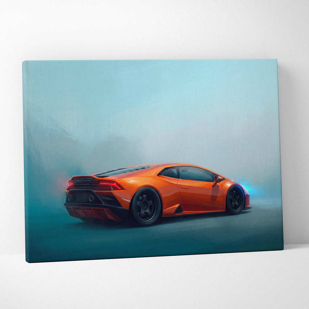 Vibrant orange lamborghini huracán inspired supercar canvas art print on stretched canvas in dynamic misty scene